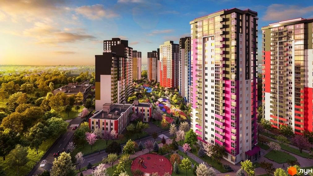 Житловий комплекс Сирецькі сади. Багатоповерхові будинки з яскравим фасадом та великою кількістю скління. На прибудинковій території зелені насадження та дитячі майданчики.