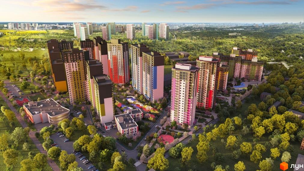 Житловий комплекс Сирецькі сади - багатоповерхові будинки з яскравими фасадами та упорядкованою прибудинковою територією з зеленими зонами та дитячими майданчиками.