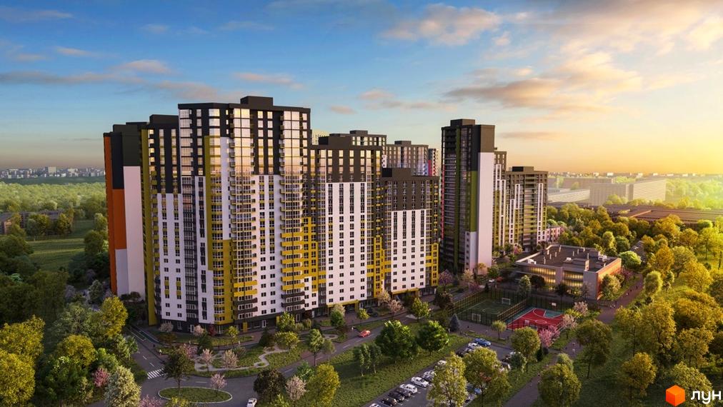 Житловий комплекс Сирецькі сади: сучасні багатоповерхові будинки з жовтими та білими фасадами, прибудинкова територія з деревами та спортивними майданчиками.