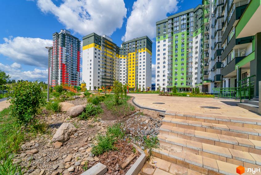 Житловий комплекс Сирецькі сади. Багатоповерхові будинки з яскравими фасадами та зеленою прибудинковою територією з ландшафтним дизайном.