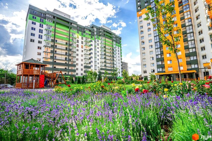 Житловий комплекс Сирецькі сади з яскравими фасадами та доглянутою прибудинковою територією з квітами та дитячим майданчиком.