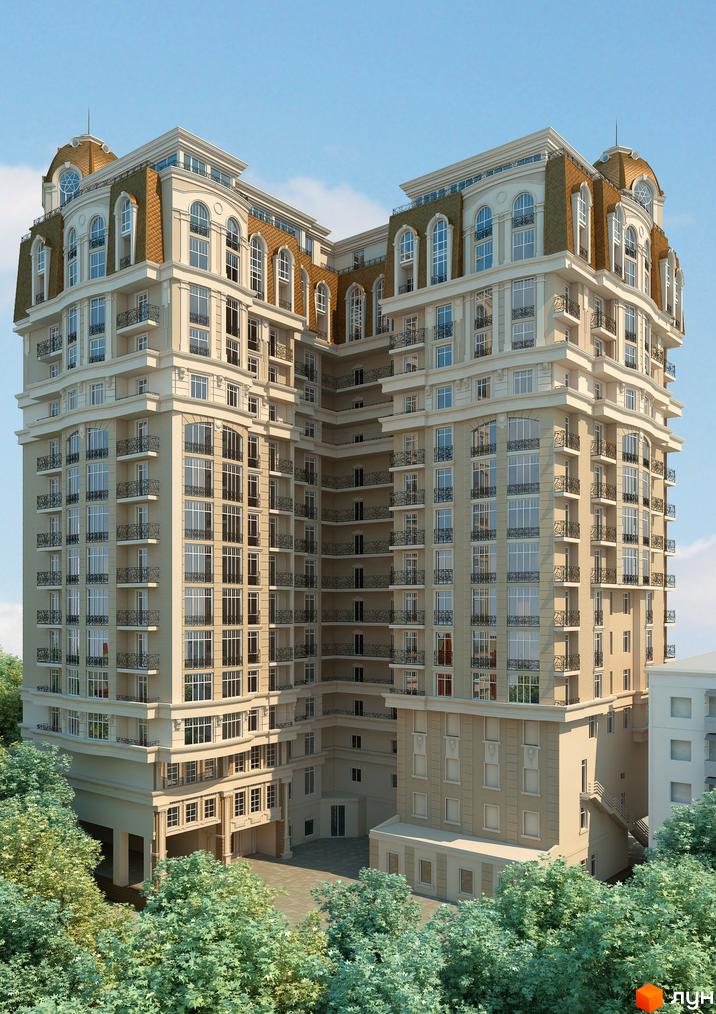 Житловий комплекс Бельетаж. Висотна будівля з класичною архітектурою, численними балконами та вікнами. На передньому плані зелені дерева.