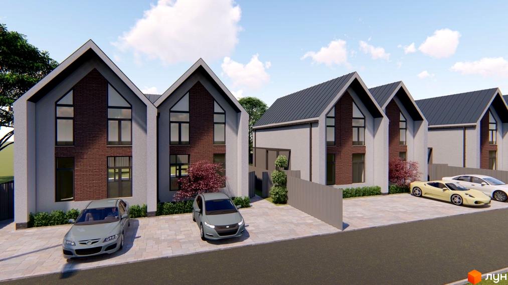 Зображення житлового комплексу по вулиці Калинова, 2. На фотографії видно декілька будинків та автомобілі на прибудинковій території.