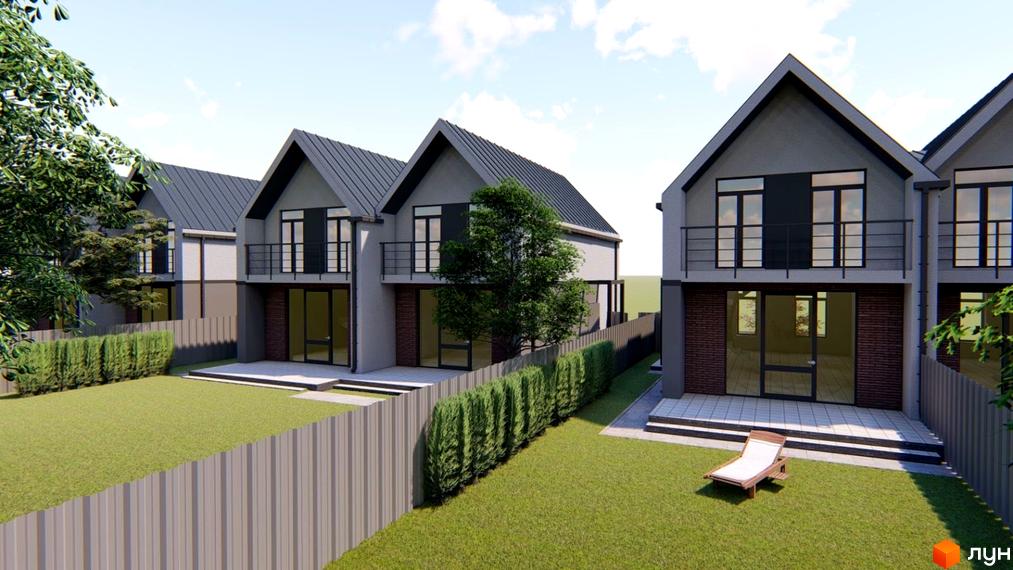 Зображення будинків на вулиці Калинова, 2. На передньому плані газон з лежаком та огорожа.