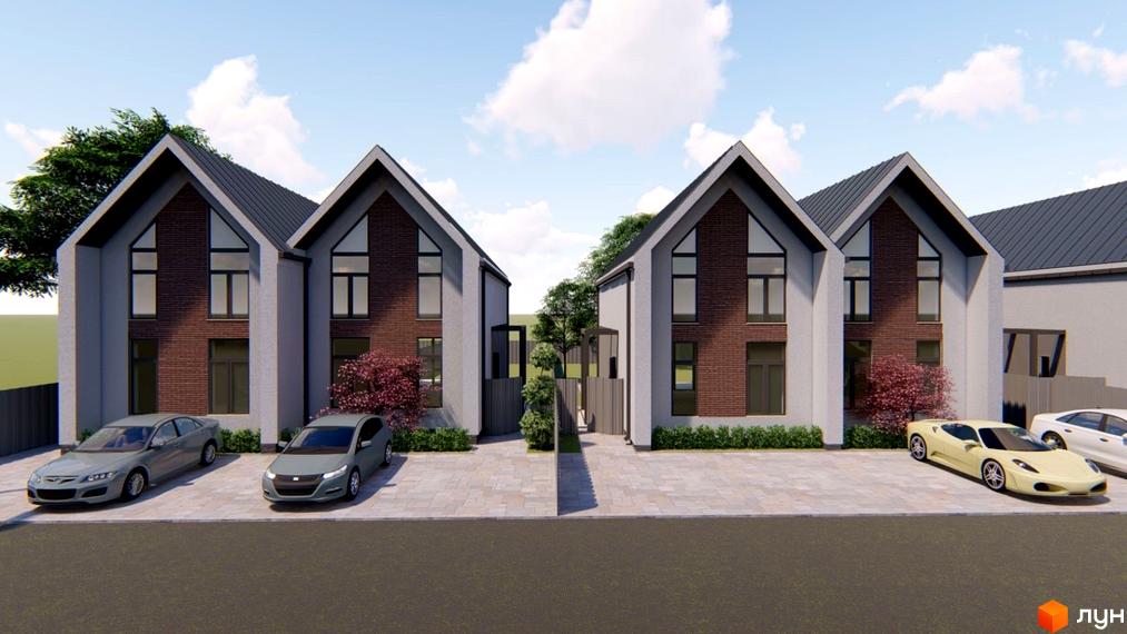 Зовнішній вигляд будинків житлового комплексу на вулиці Калинова, 2, з автомобілями на подвір'ї та зеленими насадженнями.