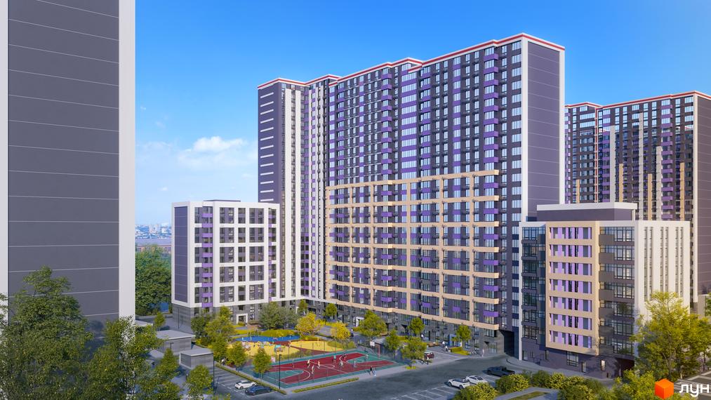 Житловий комплекс OK'LAND: багатоповерхові будинки темно-сірого, фіолетового та бежевого кольорів. У дворі є спортивний та дитячий майданчики.