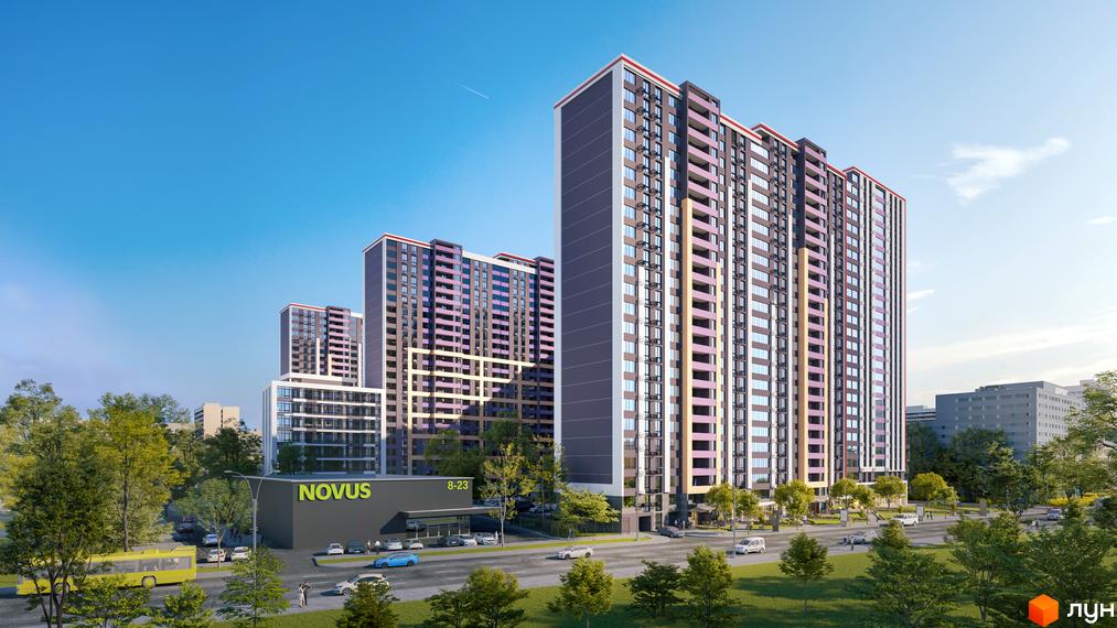 Житловий комплекс OK'LAND: високі будинки темно-сірого кольору з рожевими та світлими балконами. Поруч супермаркет Novus, дорога та зелені дерева.