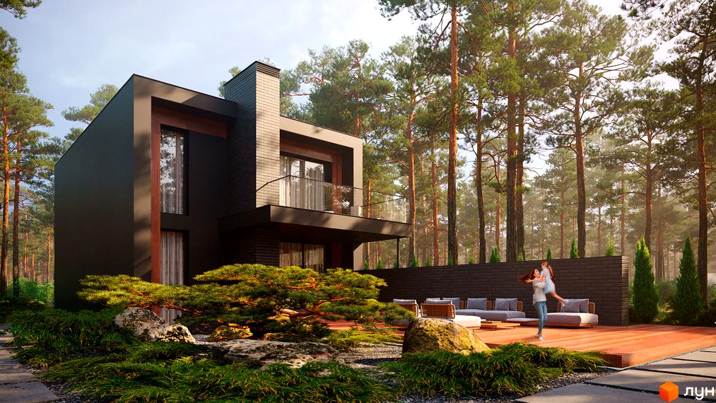 Котеджне містечко КМ Goodwill Residence: двоповерховий будинок з темними фасадами, скляним балконом та терасою з дерев'яним настилом. Навколо будинку зелені насадження, каміння та зона відпочинку з диванами.