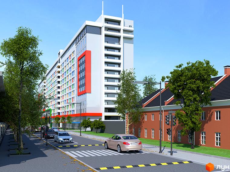 Новобудова Smart House з яскравим фасадом та автомобілями на дорозі. Поруч розташовані цегляні будинки та дерева.