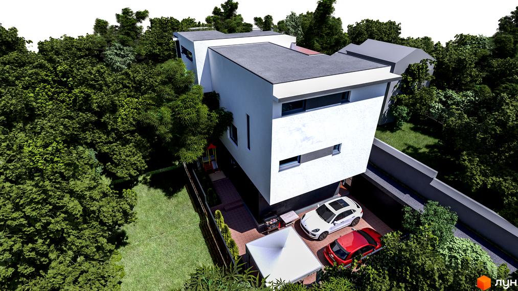 Білий будинок з плоским дахом, великими вікнами та паркуванням. На території є зелена галявина, дерева та дитячий майданчик.