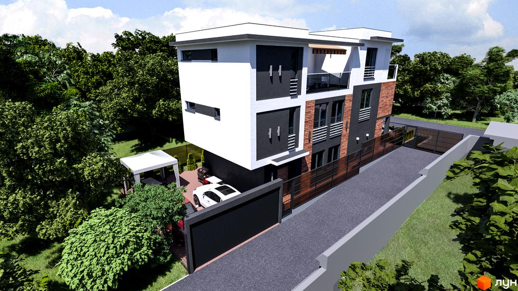 Зовнішній вигляд будинку Дуплекси „Дубовий гай“ з білим фасадом, цегляними елементами та балконами. Прибудинкова територія з газоном, деревами та парканом.