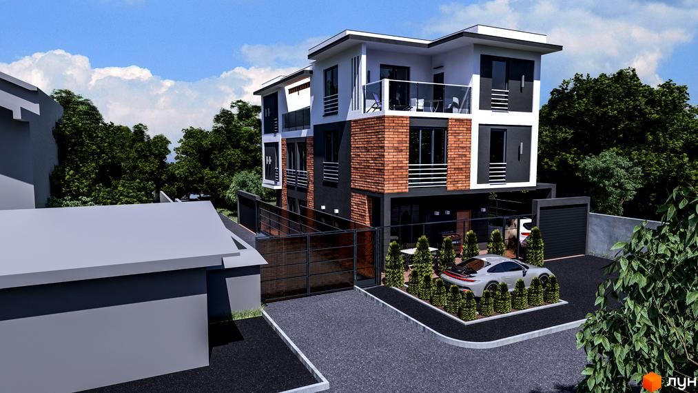 Зовнішній вигляд триповерхового будинку з цегляними та темними фасадами, балконами та панорамними вікнами. Біля будинку розташована прибудинкова територія з доглянутими деревами та автомобілем.