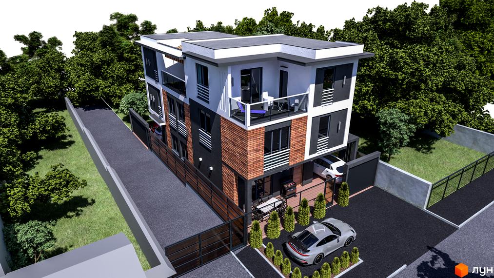 Зовнішній вигляд триповерхового будинку з цегляними та темними фасадами, балконами та прибудинковою територією з зеленими насадженнями та автомобілями. Дуплекси „Дубовий гай“ – ваш новий дім.