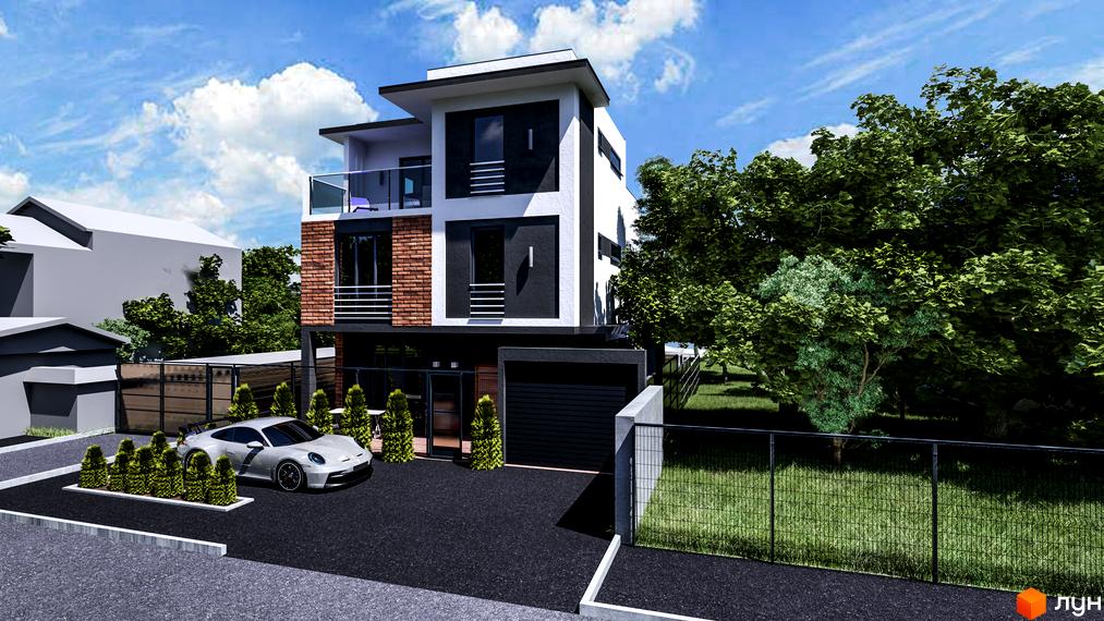 Триповерховий будинок з білими та чорними фасадами, коричневою цегляною кладкою та гаражем. Перед будинком стоїть автомобіль, територія огороджена.