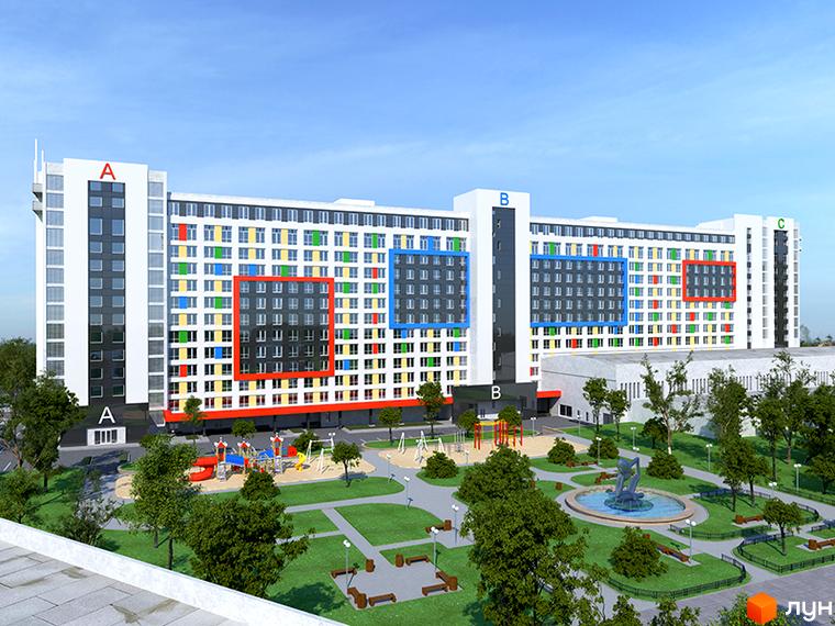 Зовнішній вигляд новобудови ЖК Smart House з дитячим майданчиком та фонтаном. Сучасна архітектура та благоустрій території.