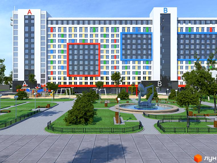 Зовнішній вигляд багатоповерхового будинку ЖК Smart House з яскравими елементами фасаду та прибудинковою територією з фонтаном та дитячим майданчиком.