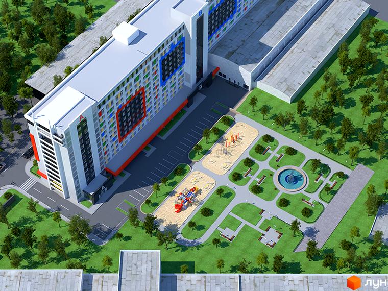 Житловий комплекс Smart House з яскравим фасадом та дитячим майданчиком. На території комплексу розташовані зони відпочинку з фонтаном та лавочками.