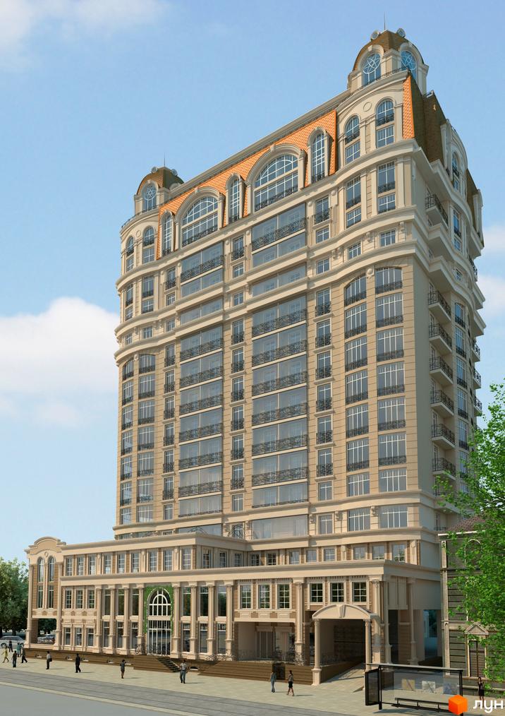 Житловий комплекс Бельетаж з великою кількістю вікон, балконами та колонами на фасаді. На території комплексу є тротуар та зелені насадження.