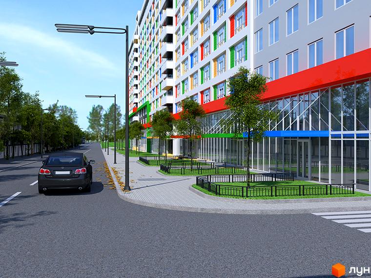 Новобудова ЖК Smart House з яскравими фасадами та скляними вітринами. Прибудинкова територія з деревами та пішохідними доріжками.
