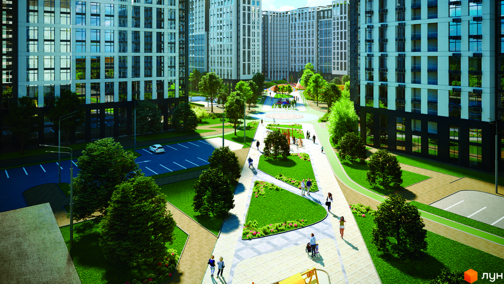 Новобудова ЖК SKY AVENUE з високими будівлями та доглянутою прибудинковою територією з зеленими зонами та місцями для відпочинку. Комплекс має сучасну архітектуру та зручне планування.