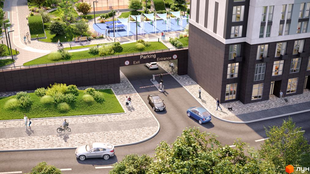 Зовнішній вигляд будинку ЖК SKY AVENUE з підземним паркінгом та прибудинковою територією з дитячим майданчиком та зонами відпочинку.