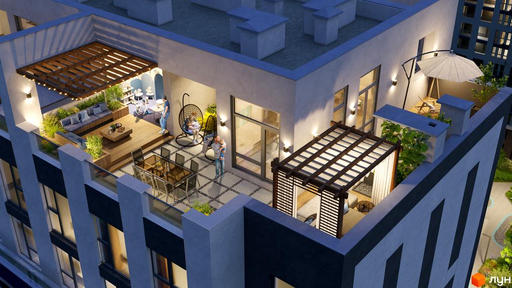 Житловий комплекс SKY AVENUE з просторою терасою на даху, обладнаною зонами відпочинку та обіднім столом.