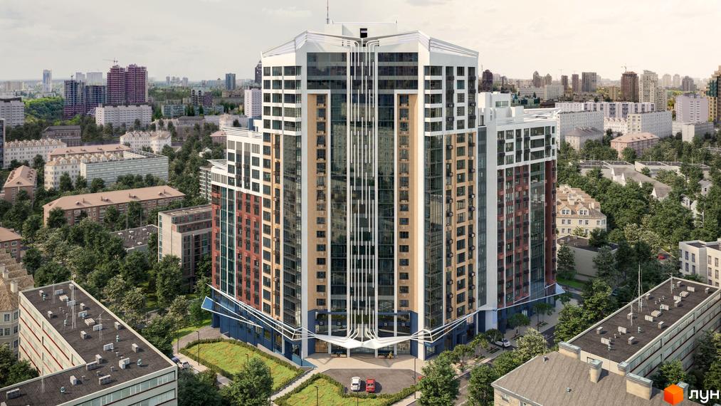 Висотна новобудова ЖК Лук'янівський каскад з великою кількістю скління. На прибудинковій території є парковка та зелені насадження.