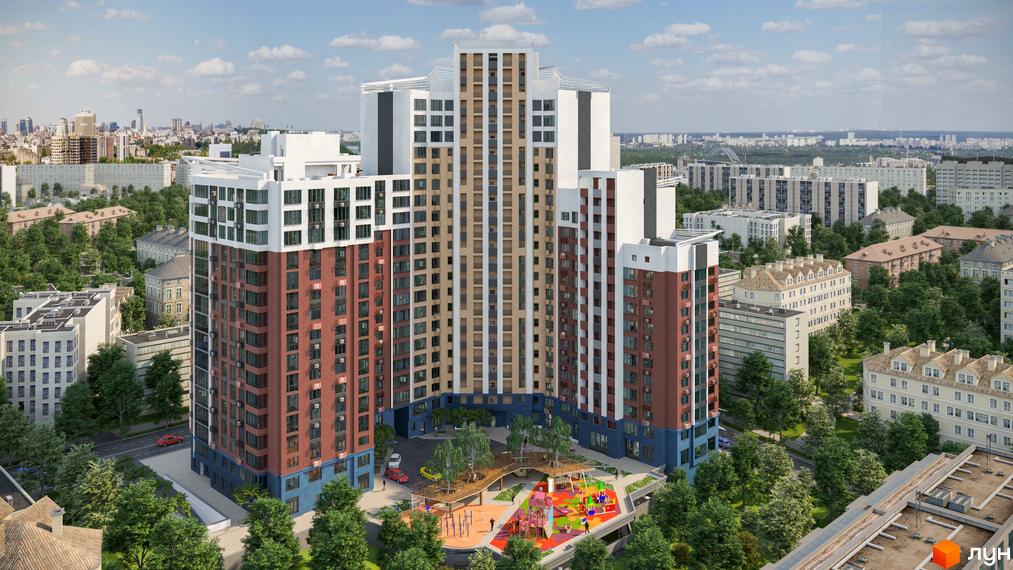 Житловий комплекс Лук'янівський каскад. Висотна будівля з фасадом коричневого кольору, білими вставками та синім цоколем. На території комплексу дитячий майданчик та зелені насадження.