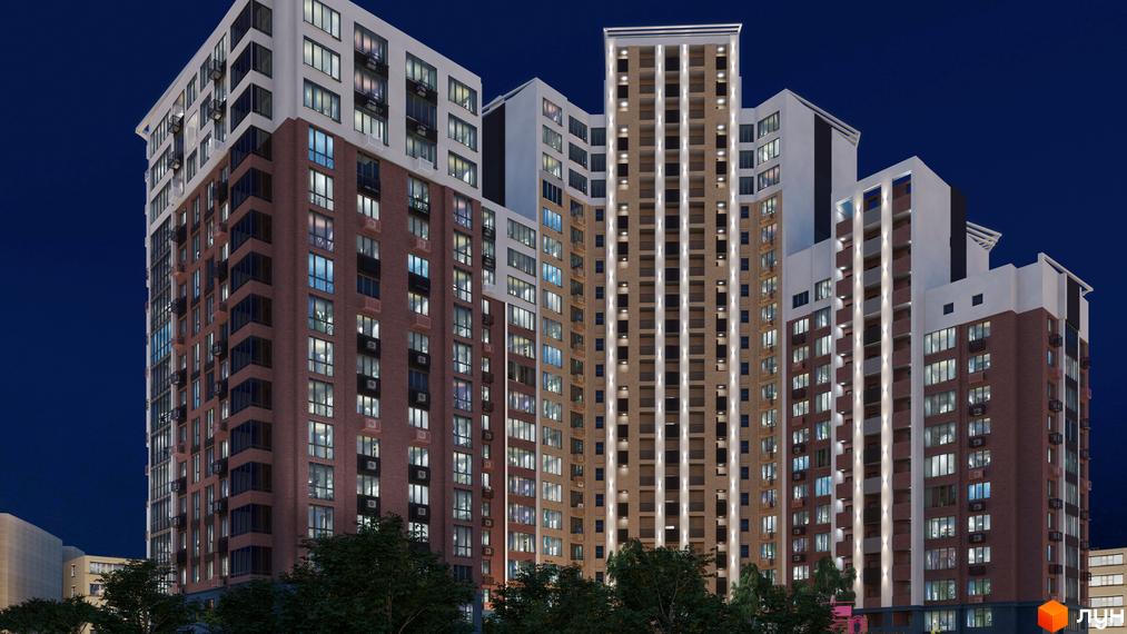 Висотна будівля ЖК Лук'янівський каскад з цегляним фасадом та великою кількістю вікон. Внизу видно зелені дерева, що додають природності.