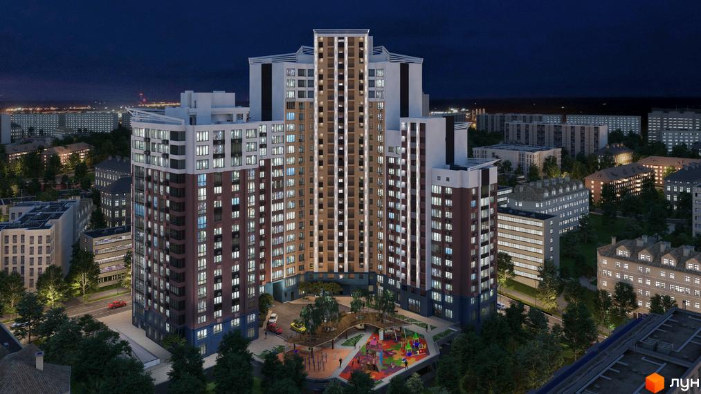 Висотна новобудова ЖК Лук'янівський каскад з великою кількістю вікон. На прибудинковій території є дитячий майданчик та дерева.