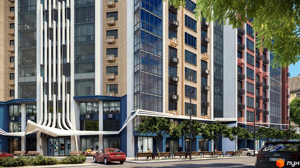 Житловий комплекс Лук'янівський каскад. Висотна будівля з скляними фасадами та цегляною кладкою. На першому поверсі розташовані магазини, перед будинком лавки та зелені насадження.