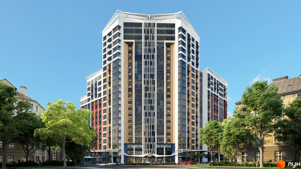 Висотна будівля житлового комплексу Лук'янівський каскад з панорамними вікнами. На передньому плані зелені дерева та дорога.