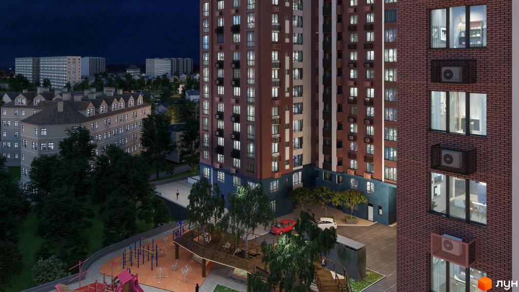 Висотна будівля житлового комплексу з цегляним фасадом. На території є дитячий майданчик, дерева та парковка.