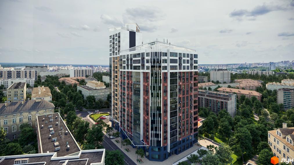 Висотна будівля ЖК Лук'янівський каскад з скляними фасадами та терасами. Навколо будинку зелені насадження та міська забудова.