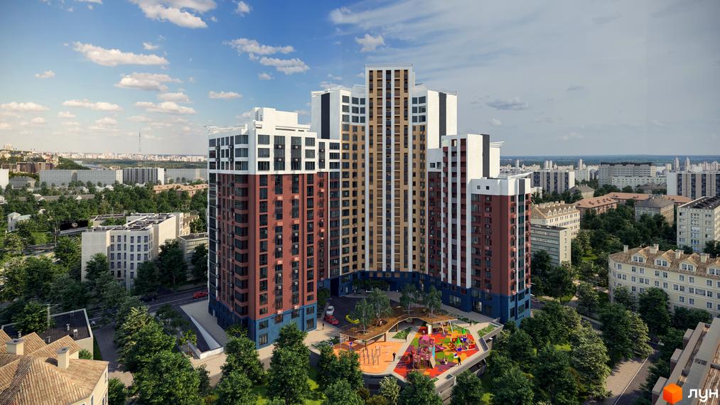 Житловий комплекс Лук'янівський каскад. Висотна будівля з фасадом у коричневих та білих тонах. На прибудинковій території розташований дитячий майданчик та зелені насадження.