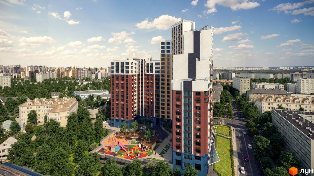 Житловий комплекс Лук'янівський каскад. Високоповерхові будинки з терасами та панорамними вікнами. На території комплексу дитячий майданчик та зелені зони.