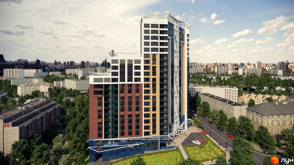 Висотна новобудова ЖК Лук'янівський каскад з фасадом різних кольорів на фоні міської забудови. На прибудинковій території є зелені насадження та парковка.