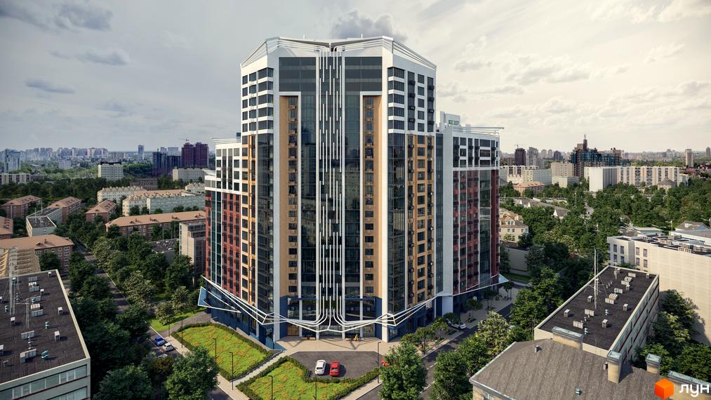 Житловий комплекс Лук'янівський каскад. Висотна будівля з великою кількістю вікон, фасади різного кольору. На прибудинковій території є зелені насадження та парковка.