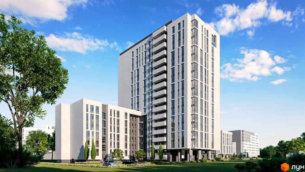 Житловий комплекс Америка: сучасна архітектура висотних будинків з балконами та великими вікнами. Прибудинкова територія з деревами та газоном.