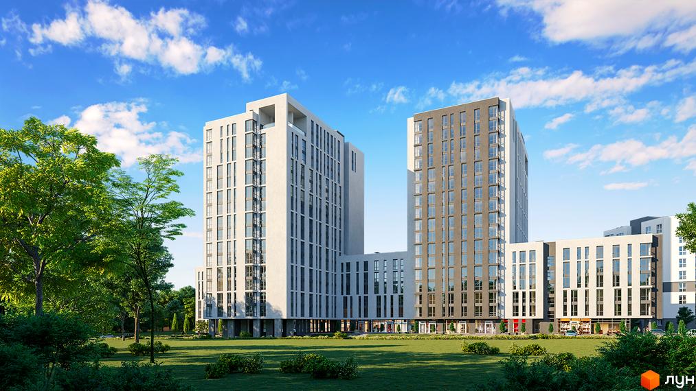 Житловий комплекс Америка: висотні будинки з сірими та білими фасадами, великою кількістю вікон. Навколо зелена галявина та дерева.