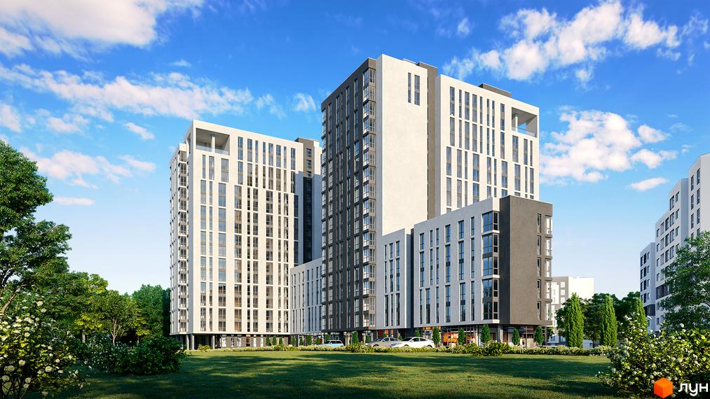 Житловий комплекс Америка. Сучасні висотні будинки з панорамними вікнами та доглянутою зеленою територією. Комплекс має привабливий зовнішній вигляд та зручне розташування.