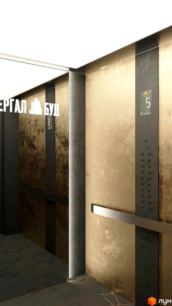 Сучасний дизайн ліфта в новобудові ЖК Голосіївський. Елегантні стіни та підлога створюють атмосферу комфорту та розкоші.