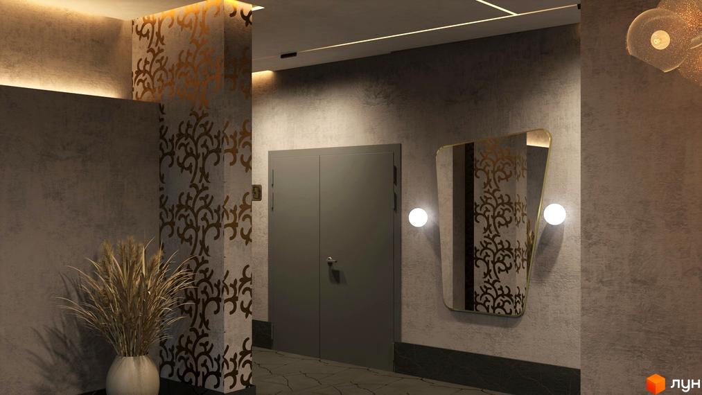 Дизайн холу житлового комплексу Голосіївський з сірими стінами, декоративним візерунком на колоні та дзеркалом.