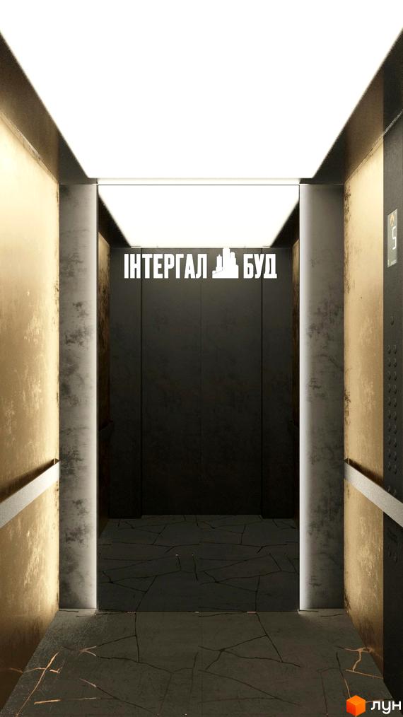 Інтер'єр ліфта в житловому комплексі Голосіївський. Сучасний дизайн з мармуровою обробкою та підсвічуванням.