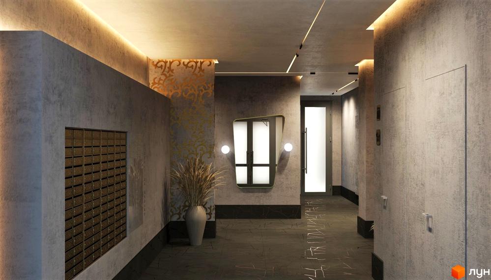 Сучасний хол ЖК Голосіївський з поштовими скриньками та декором.