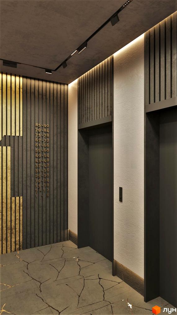 Сучасний хол ЖК Голосіївський з елегантним дизайном та підсвіткою. Оздоблення стін рейками та мармурова підлога створюють вишукану атмосферу.