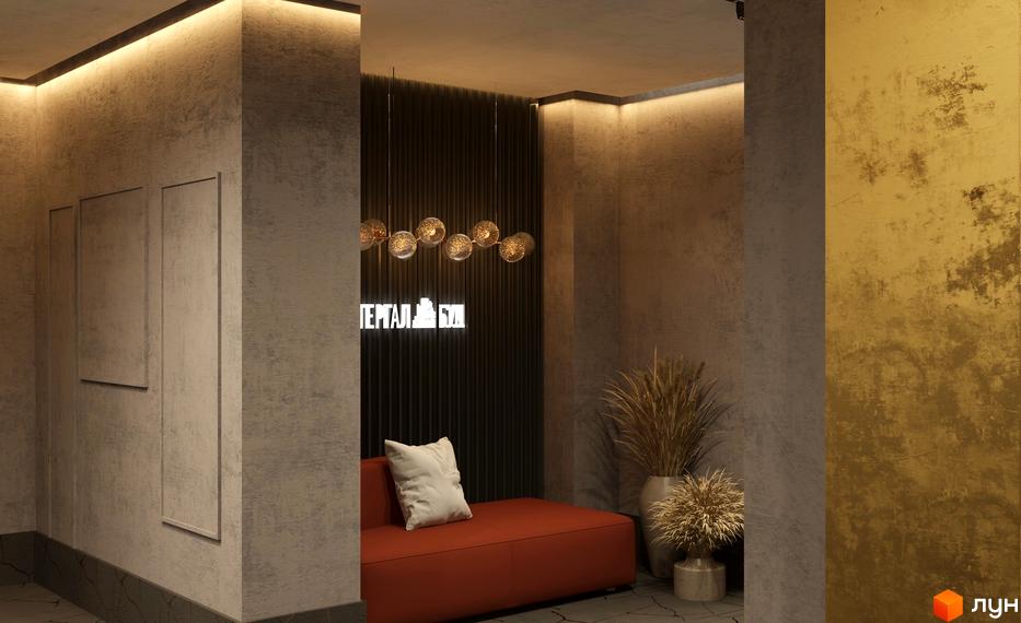 Житловий комплекс Голосіївський: стильний інтер'єр зони очікування з диваном та декором. Сучасний дизайн новобудови.