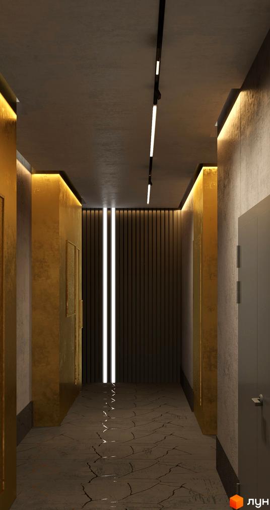 Сучасний коридор з золотими елементами та вертикальним освітленням. Опис новобудови ЖК Голосіївський.