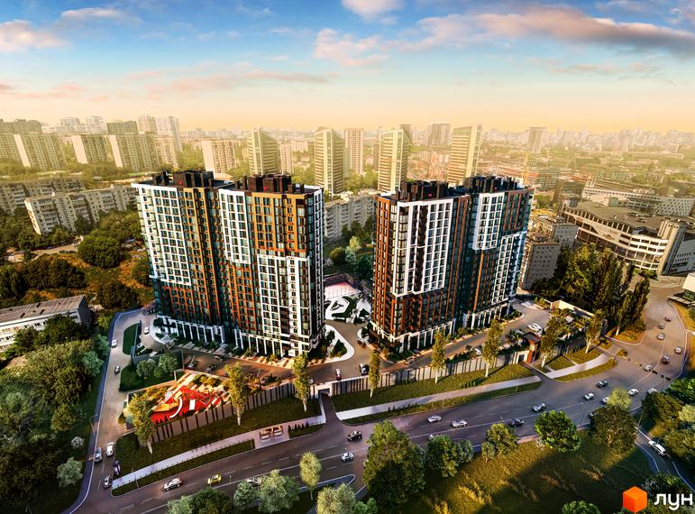Високі будинки ЖК CITY HUB з фасадами в коричневих, білих та чорних тонах. На прибудинковій території облаштований дитячий майданчик та зелені насадження.