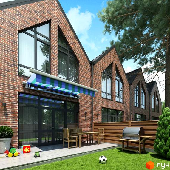 Таунхауси P14 Irpencentre з цегляним фасадом, великими вікнами та зеленим двориком з барбекю та дитячими іграшками.